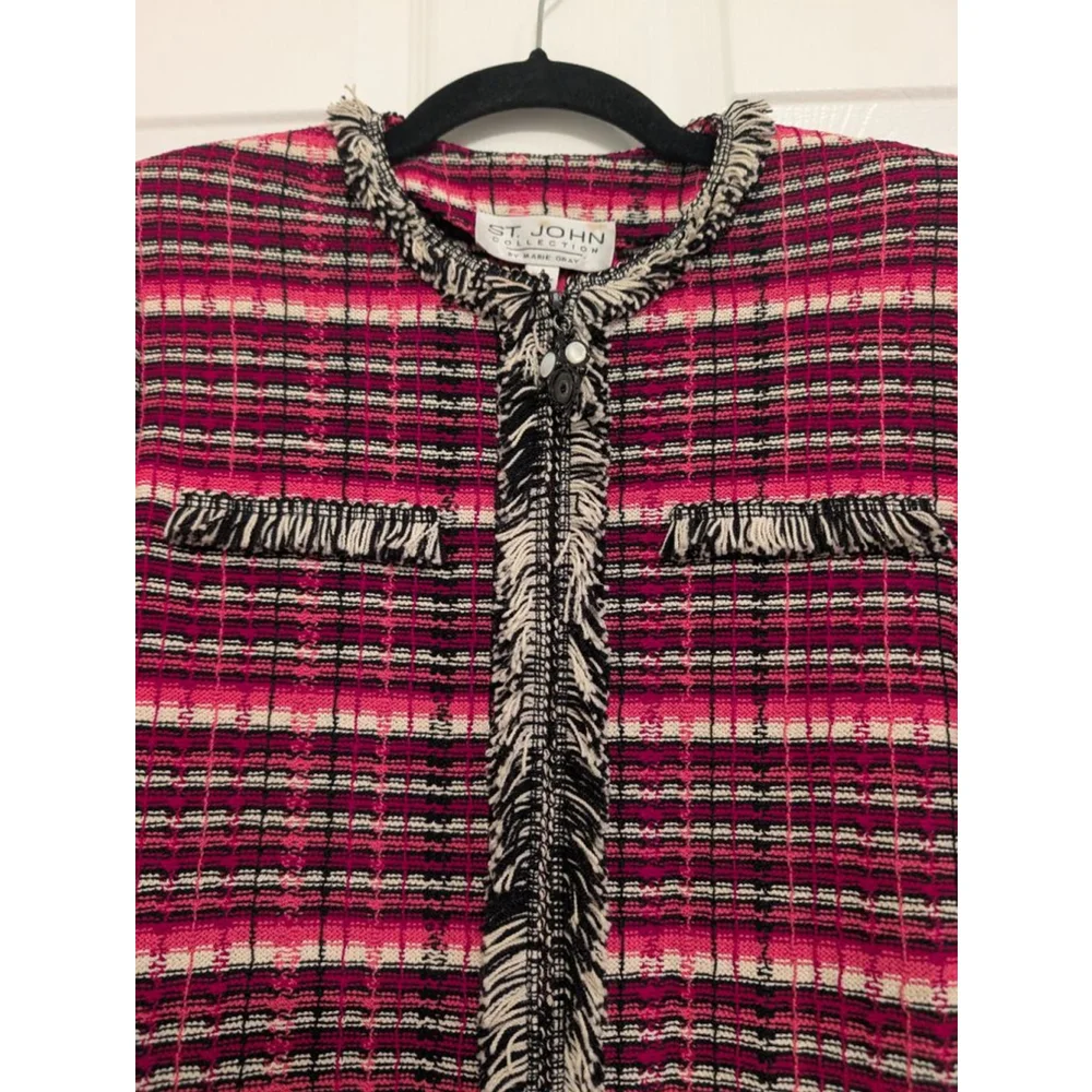St. John Collection Knit Tweed Jacket Old Money Fringed Trim Chic Cardigan Sz 4 - Picture 3 of 9